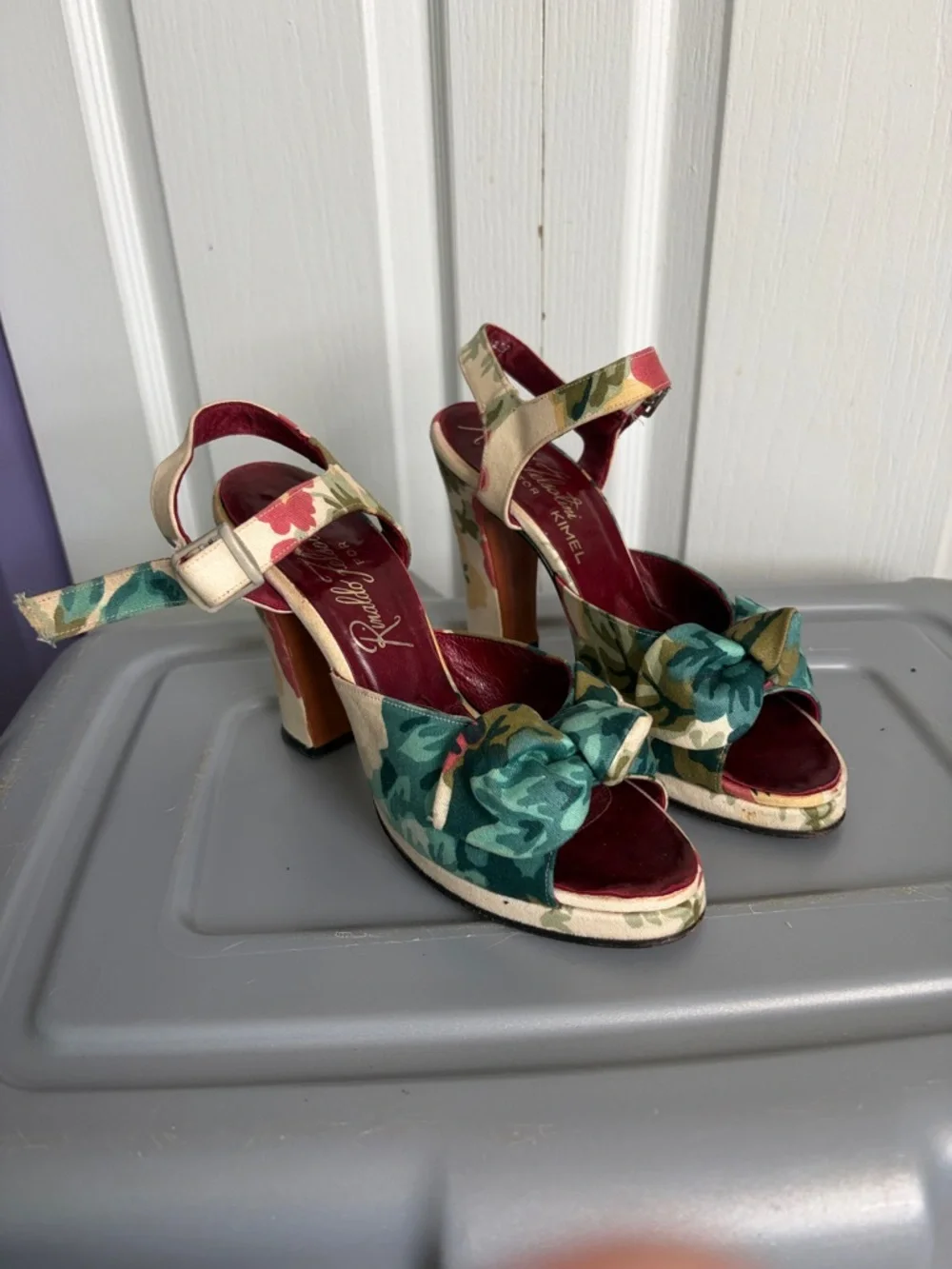 VINTAGE Rinaldo Felsotini Teal, Burgundy & Cream Floral Knot Block Heels - Picture 1 of 8